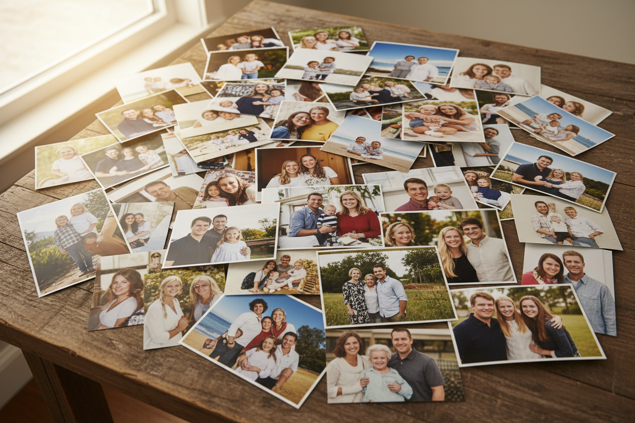 piles of family photos portraits