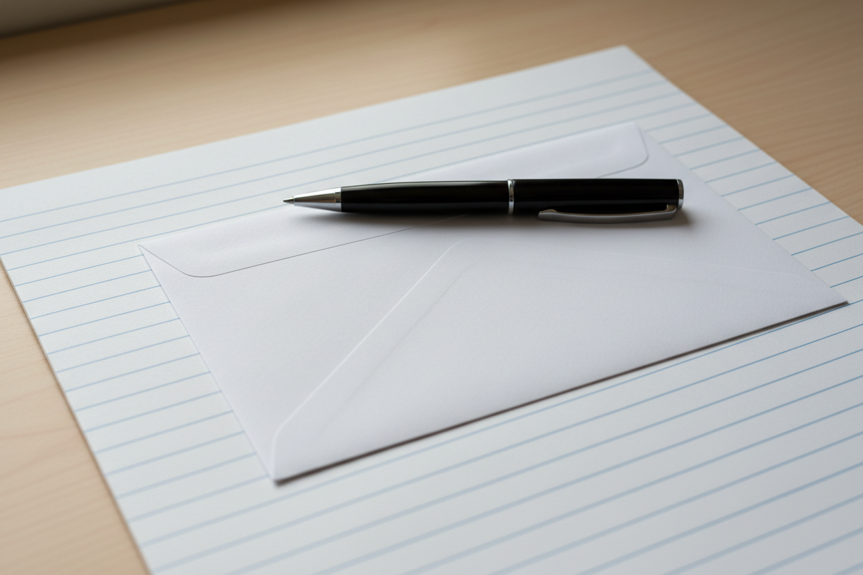 just put envelope and a black pen use white notebook paper with lines 